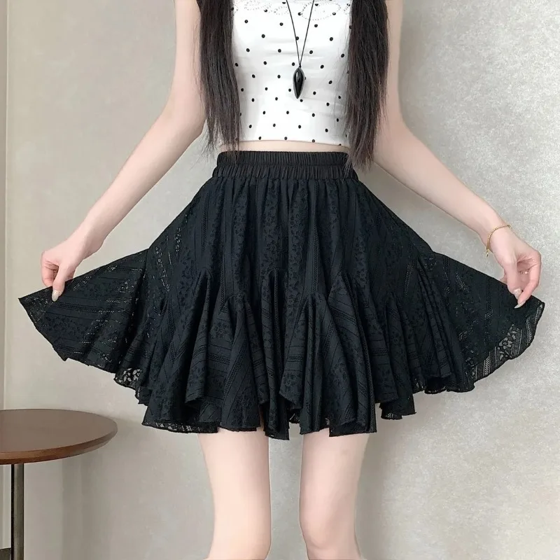 Women Spring Summer Ballet Style Lace Skirt High Waist Irregular A Line Fluffy Mini Skirt Slim Youthful Daily Skirt