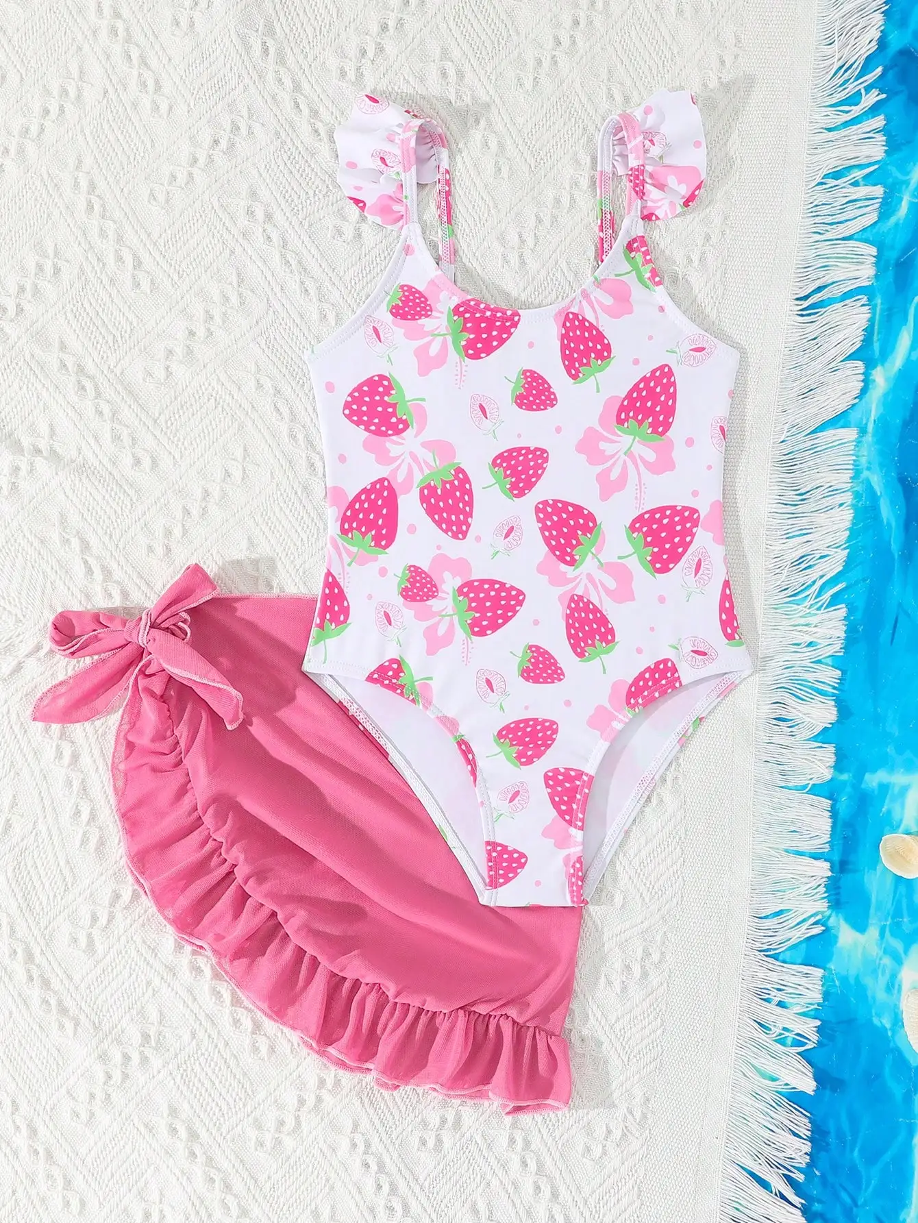 Women Strawberry Floral Print One Piece Swimsuit With Ruffled Skirt