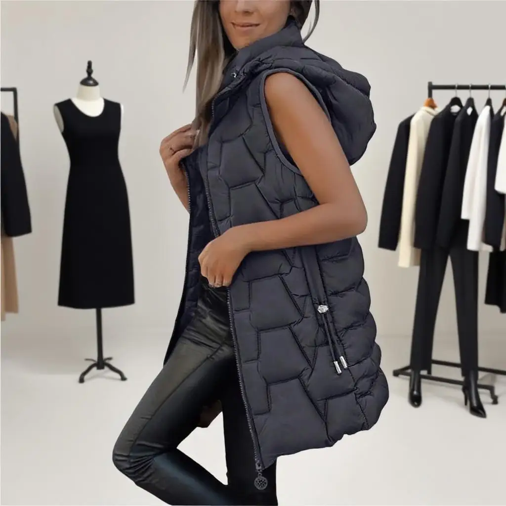 

Women Winter Thermal Long Vest Casual Simple Solid Color With Hooded Zipper Outerwear Female Fashion Puffy Comfortable Coat