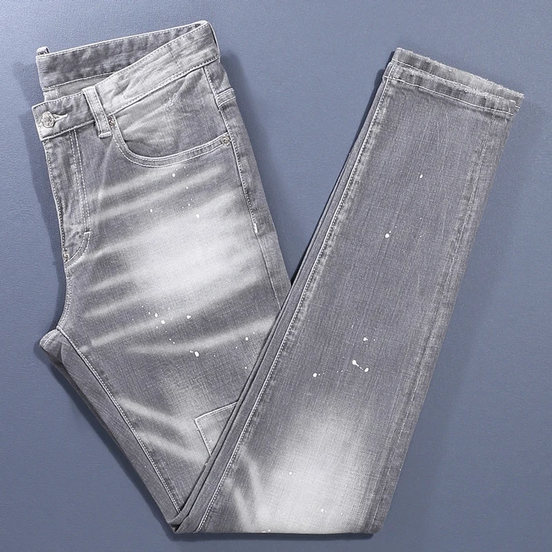 Men Light‑Grey Horizontal Whisker Wash Square Patch Frayed Ripped Stretch Skinny Denim Jeans Hip‑Hop Streetwear Denim Jeansy2k