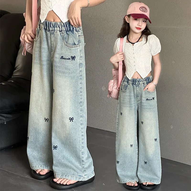 Girls Wide-Leg Jeans Bow Design Trendy Straight Denim Pants for Kids Stylish 2026 Spring/Autumn Casual Wear Trousers 10 12 Years