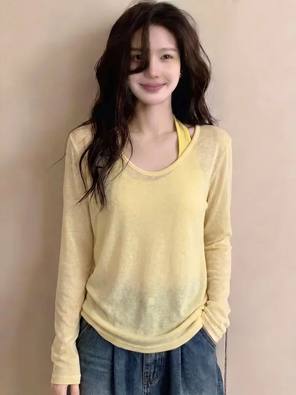 Yellow Neck Hanging Strap Vest Thin Sun Protection Outerwear Women's Summer New Loose Fit Long Sleeve T-Shirt Two-Piece Set