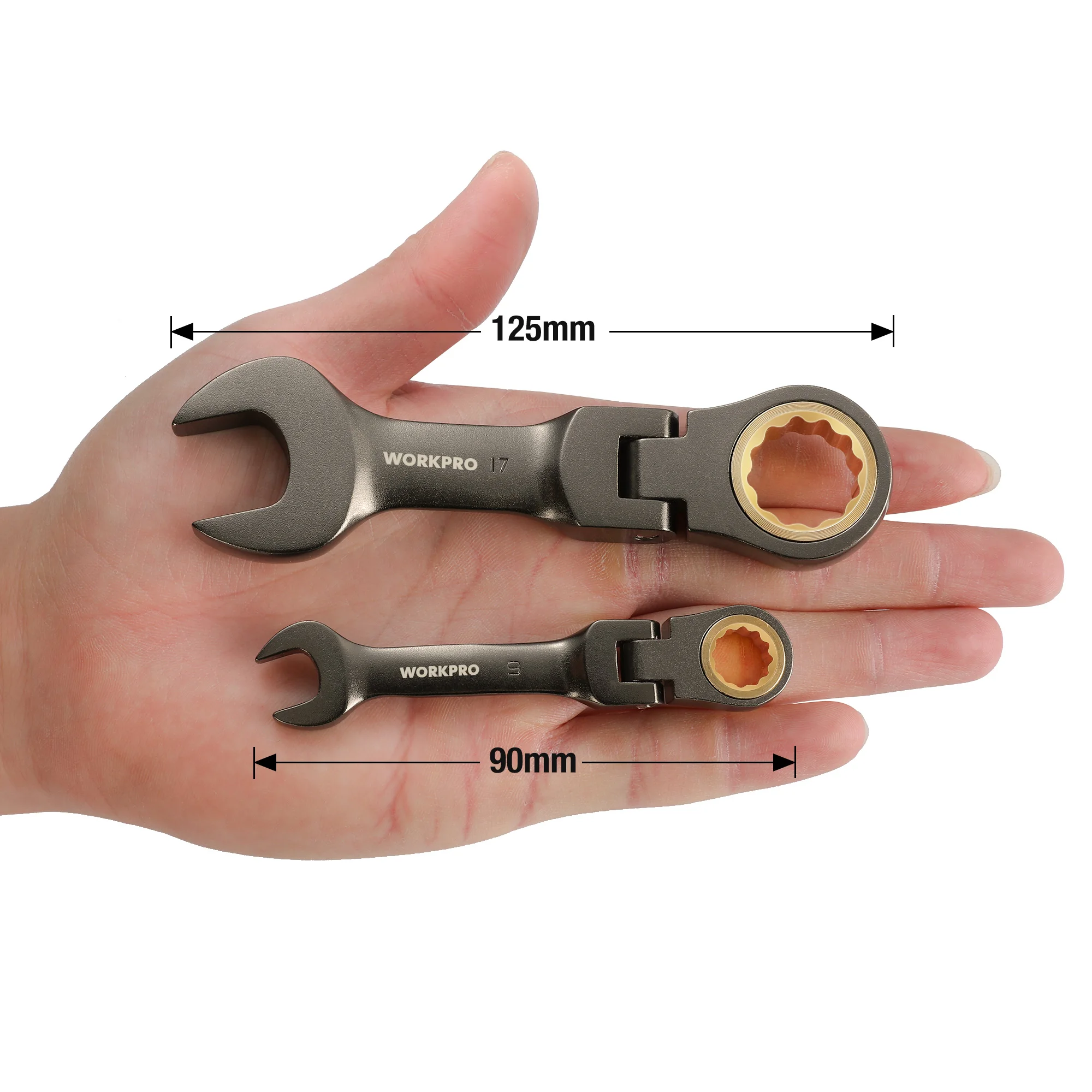 WORKPRO 8-delige flexibele kop stompe ratelcombinatiesleutelset, SAE/metrisch 72-tanden, CRV, 5/16-3/4 in vernikkeld