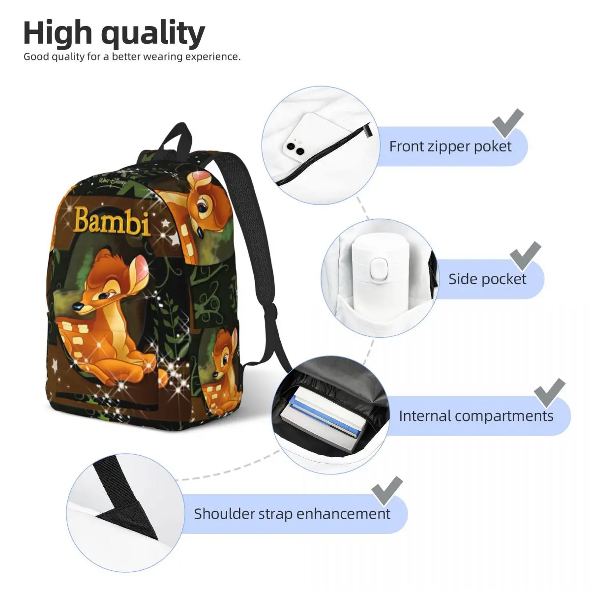 حقيبة ظهر بامبي دير أرنب كارتونية للرجال والنساء، حقيبة ظهر رائعة للعمل في المدرسة الثانوية، حقائب قماشية لطيفة للكلية في الهواء الطلق #4