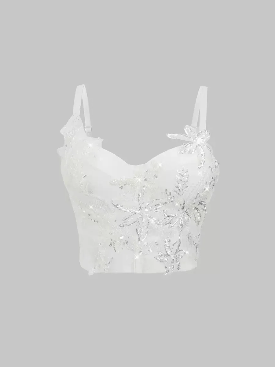

Retro three-dimensional solid color women's top, French heavy handmade elegant flower suspender corset