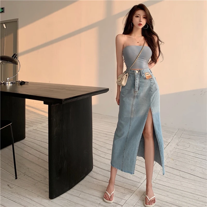 Saia  Jeans com Fenda Lateral Retro Fena Verão 2025 Nova Saia Longa Justa de Cintura Alta em Linha A Estilo Coreano