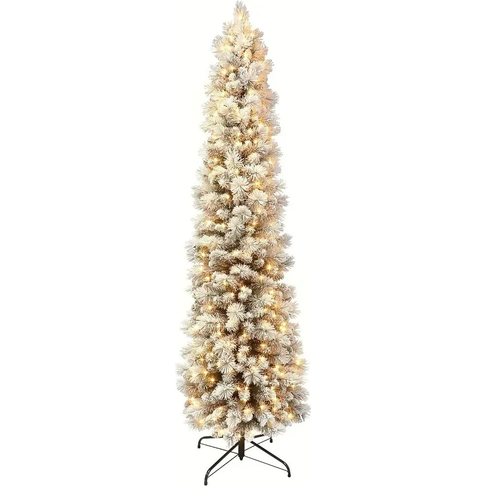 

Christmas Tree Foot Pre-Lit Flocked Portland Pine Pencil Artificial 24"D X 24"W X 78"H with 300 UL-Listed Green Christmas Trees