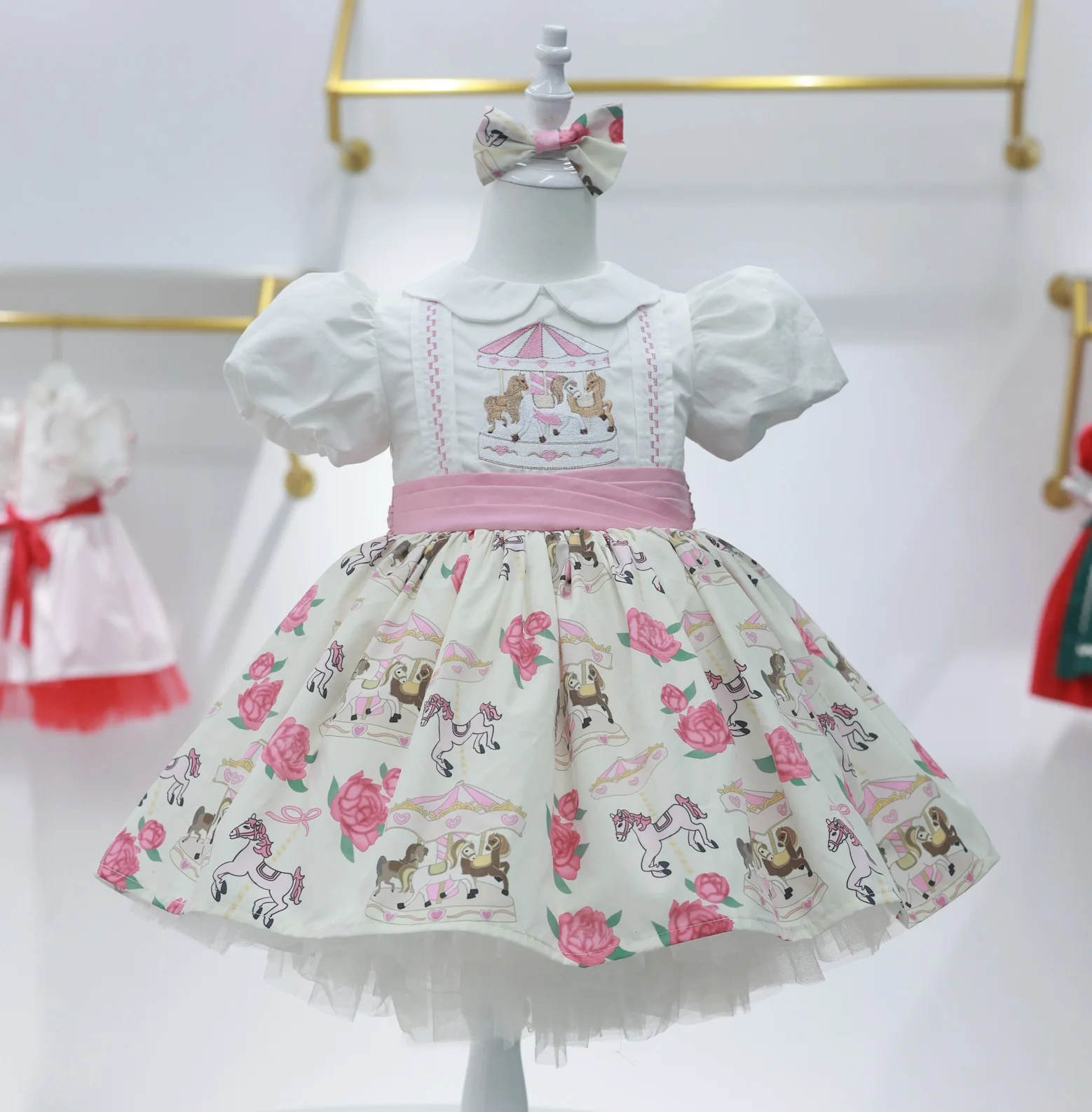 Baby Girl Summer Cartoon Carousel Embroidery Printed Turkish Vintage Princess  Dress for Birthday Party Eid Photography B87