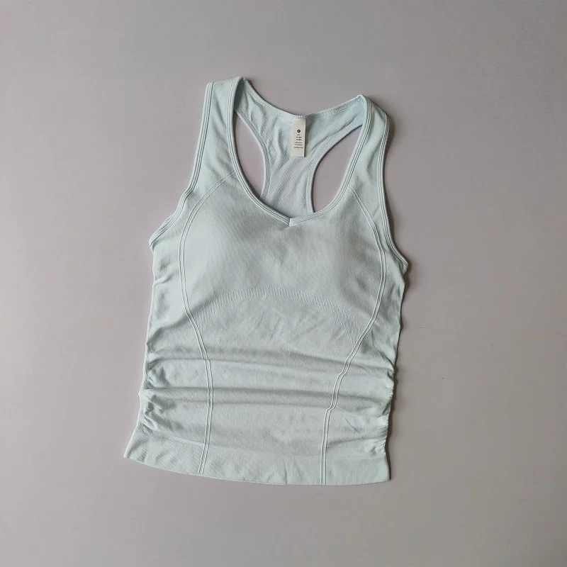 Seamless Racerback Sports Bra Women Side Support Gathering Anti Bounce Running Yoga Vest Slim Fit Workout