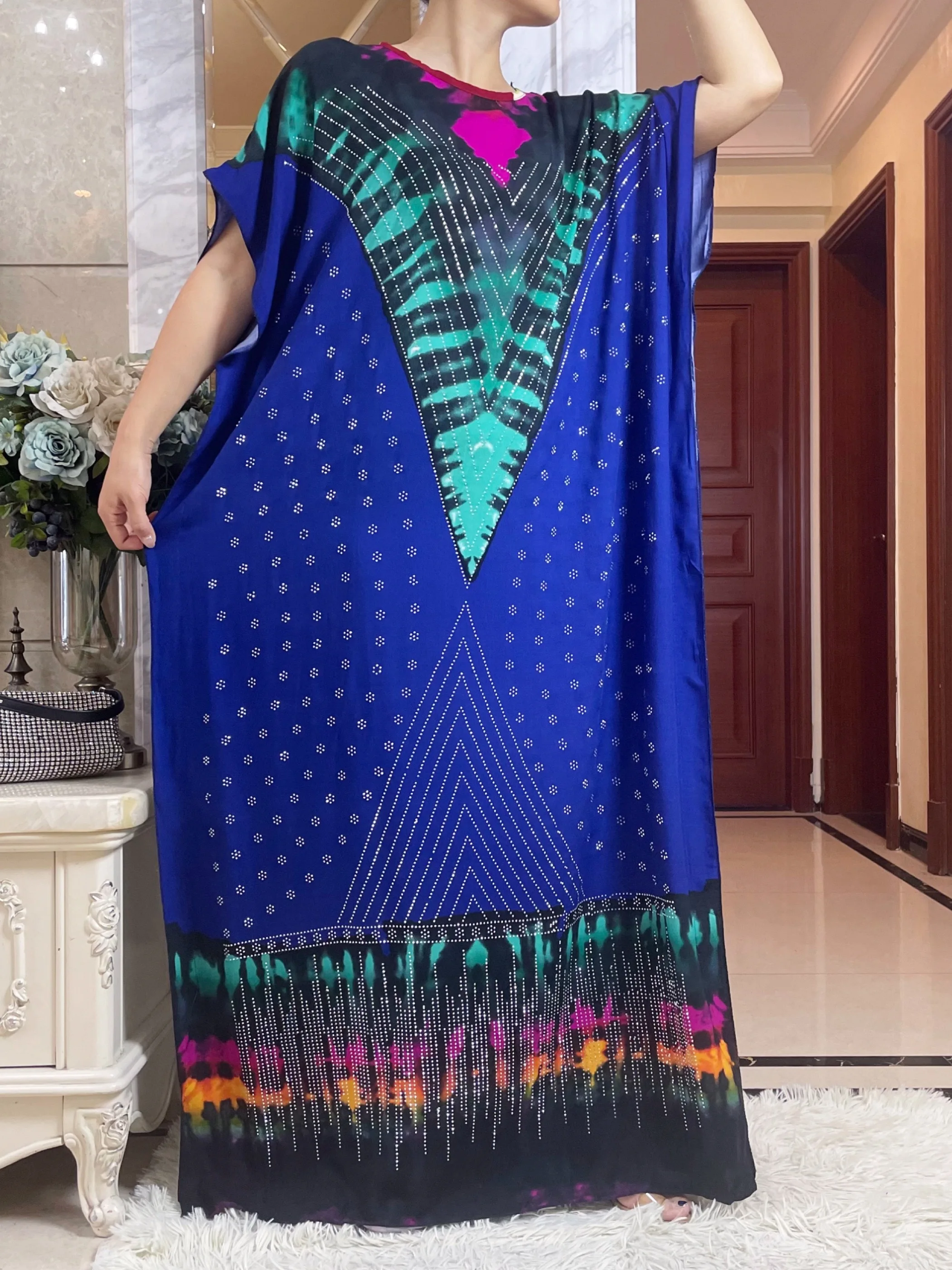 New Hot Selling Short Sleeve African Dress With Big Scarf  Floral Print  Long Cotton Lady Elegant Summer Maxi Casual Loose Abaya