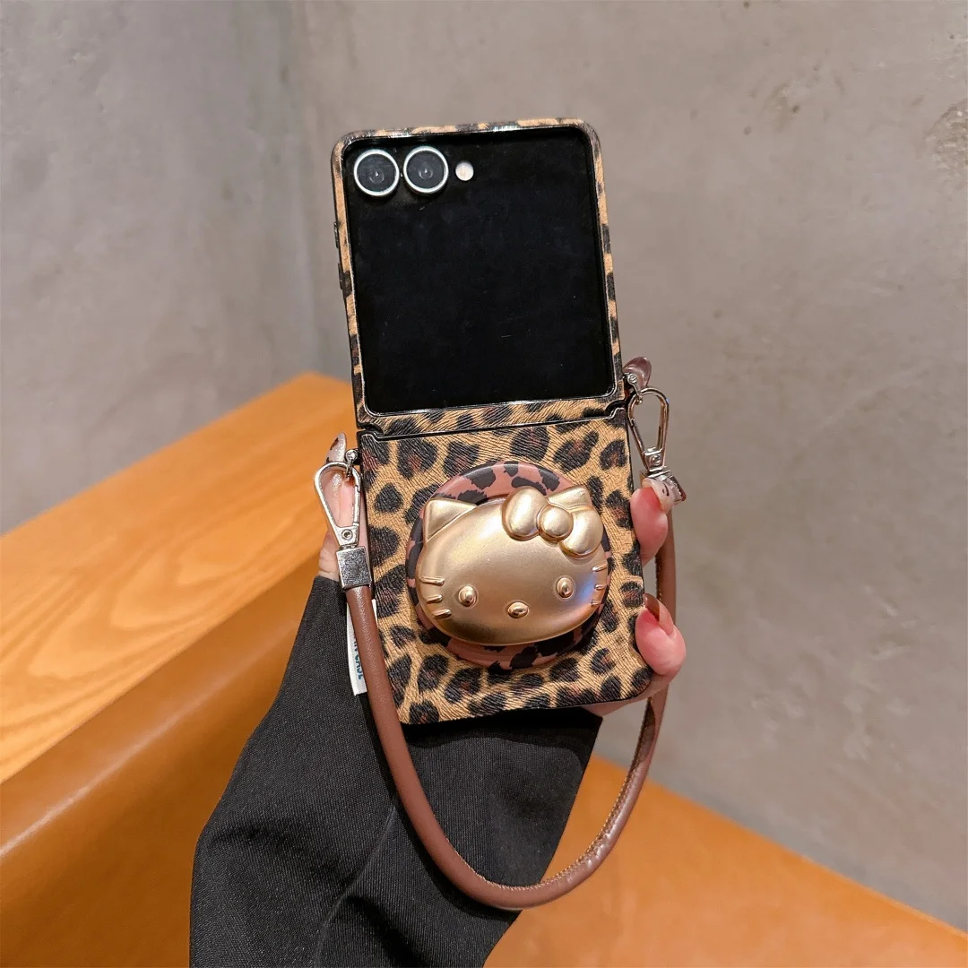 

Fashion elegance sexy Leopard pattern animal Magnetic holder chain soft Case for Samsung Galaxy Z Flip 5 6 7 Flip6 Flip7 Cover