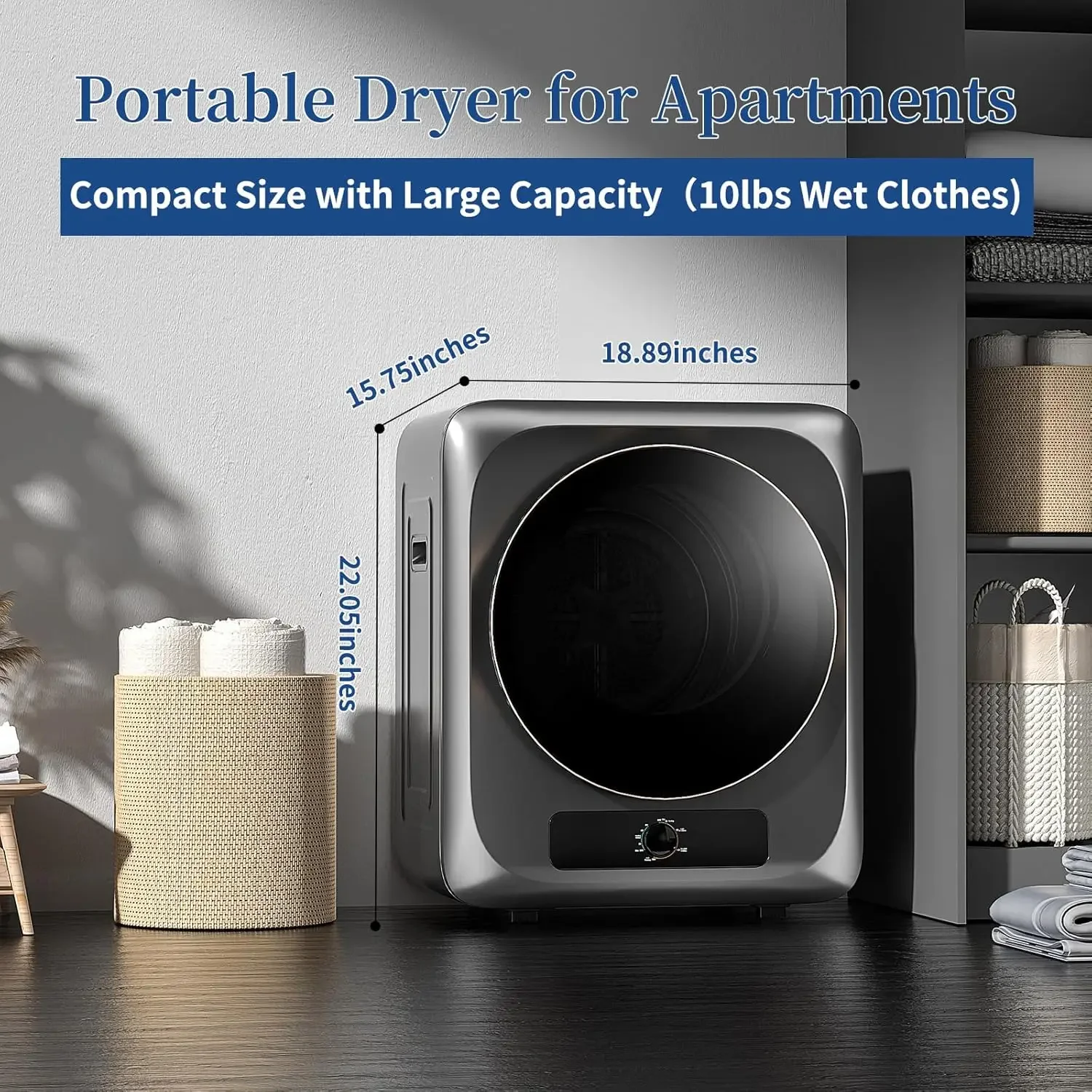 Clothes Dryer for Apartment, 10lbs Compact Electric Laundry Dryer with Stainless Steel Tub, 1.5 cu.ft Suitable for Apartments, D