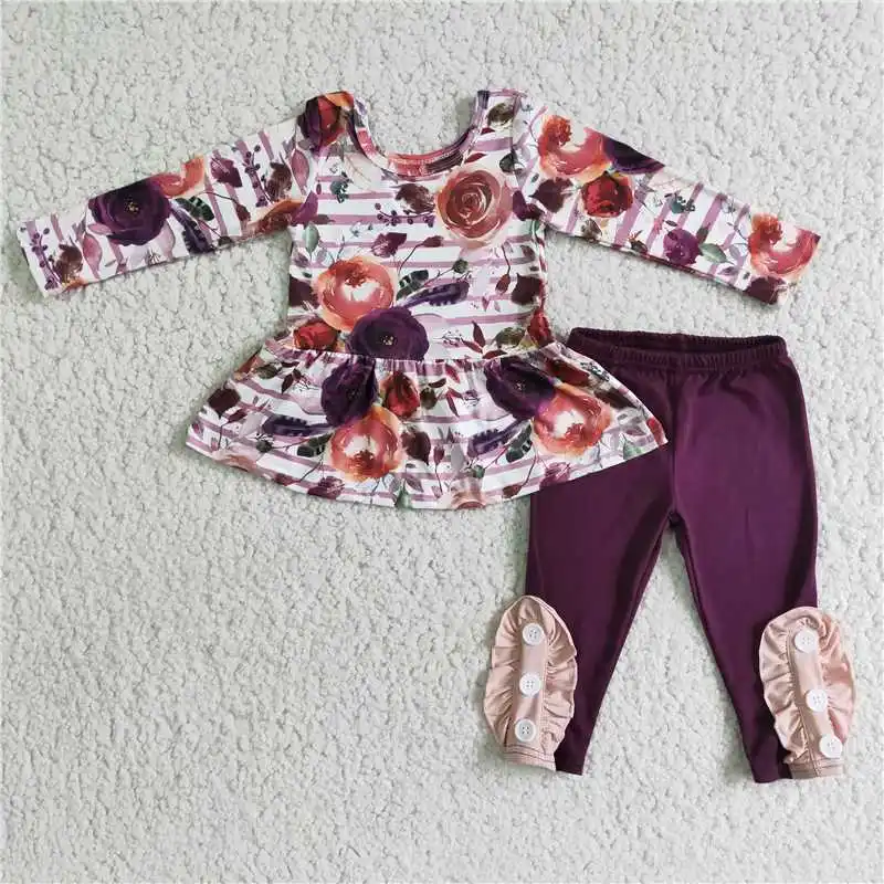 2022 Daily Wearing White Flowers Print Long Sleeve Dress Purple Pink Lace Print Pants Fashion High Quality Western Baby Girls