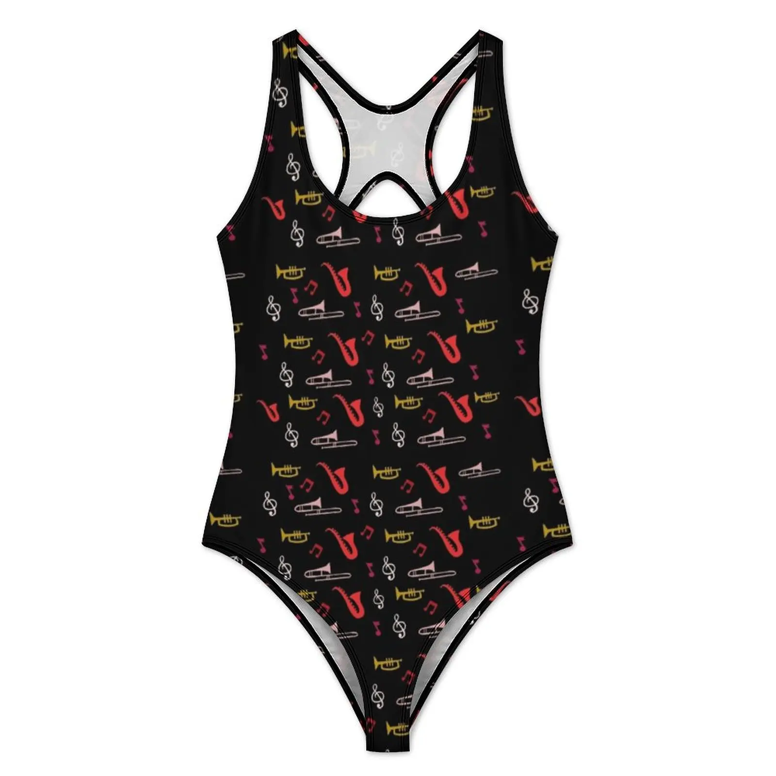 Jazz Festivals Swimsuit Vintage Music Print One-Piece Swimwear Push Up Fashion Bathing Suit Sexy Surfing Graphic Swimsuits