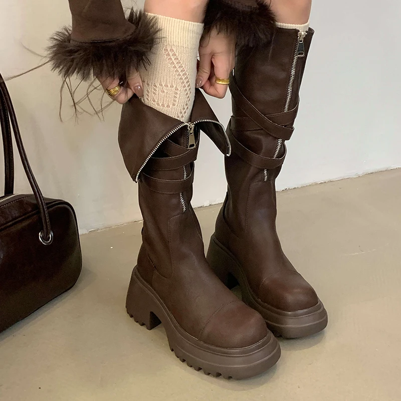 

ZOOKERLIN Platform Combat Boots Zip Chuny Heel Buckle Vintage Fashion Casual Luxury Designer Western Mid Calf Boots Shoes Woman
