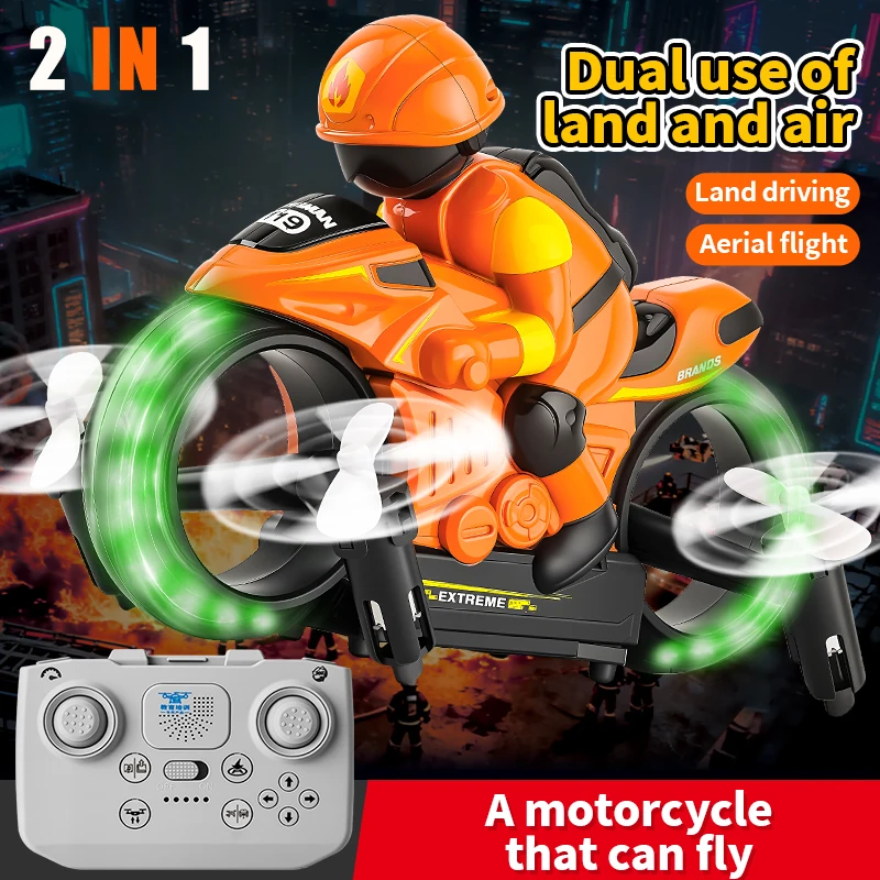 2IN1 Land and Air Motorcycle Drone10km/h 360° Stunt Flip Voice Feature 7-Colors LED One-key Takeoff, Landing RC Drone Quadcopter