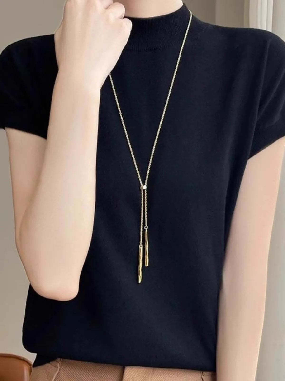 Women's Knitted ort Sve Slim Fit Base irt f High Collar Spring Autumn New Sle Exquisite Spinning oulder T-irt