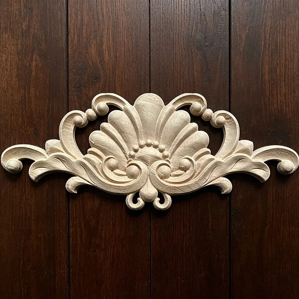 34cm Vintage Wood Carved Corner Onlay Applique Unpainted Furniture Decorative Figurines Wooden Miniature Furniture Accessories
