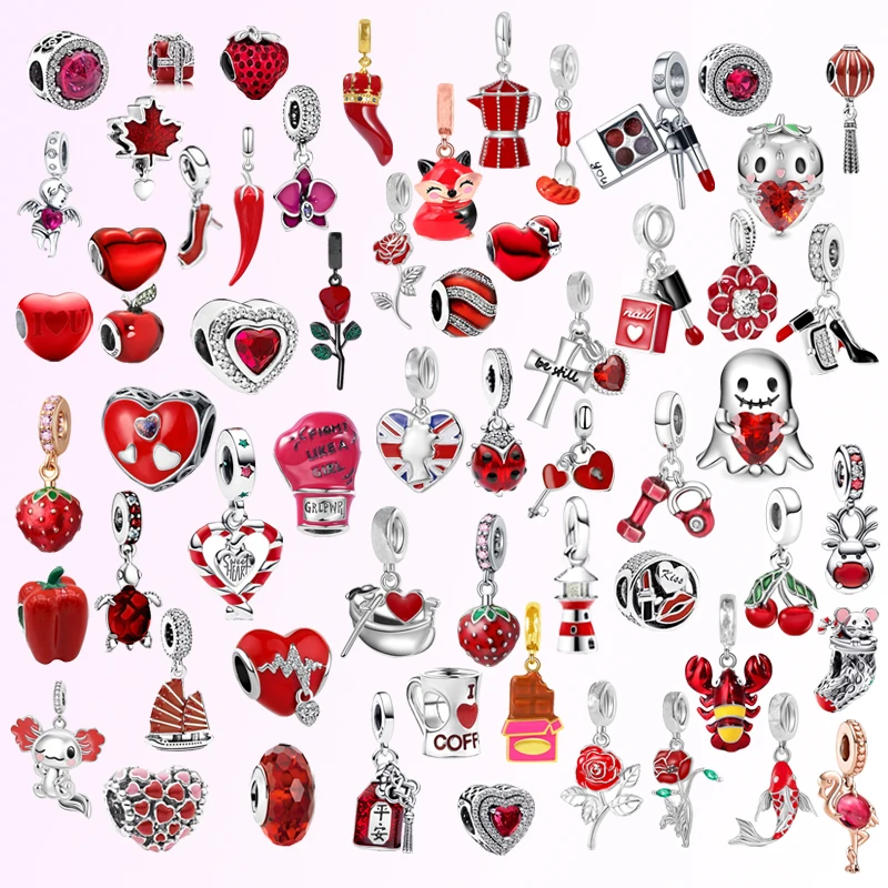 New Red Color Series Hearts Shape Charm Beads Fit Original 925 Sterling Silver European Bracelets DIY Making Lucky Jewelry Gifts