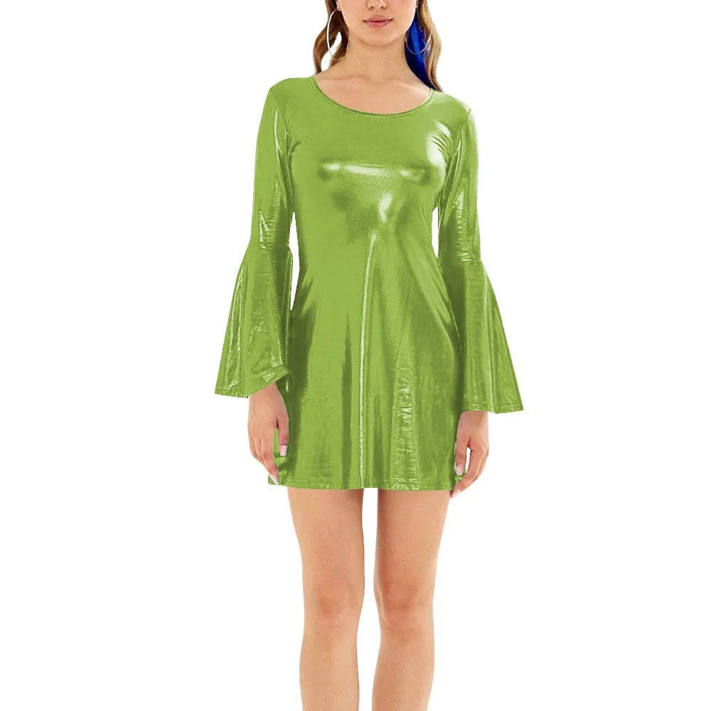 

Plus Size Sexy Women Shiny Metallic Short Dress Round Neck Flared Long Sleeves Mini Dress Night Club A-line Dress Party Costume