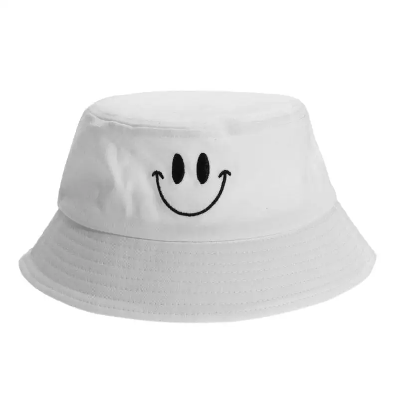 Smile Face Embroidery  Summer Bucket Hat Men\'s Pure Color Panama Fedoras Outdoor Fisherman Hat Visor Basin Cap Beach Hat