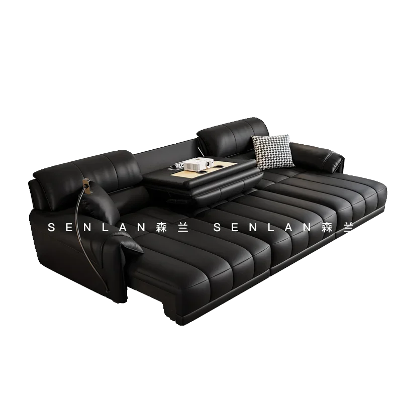 Electric function sofa bed Living room first layer cowhide size apartment Italian minimalist intelligent straight row leather so