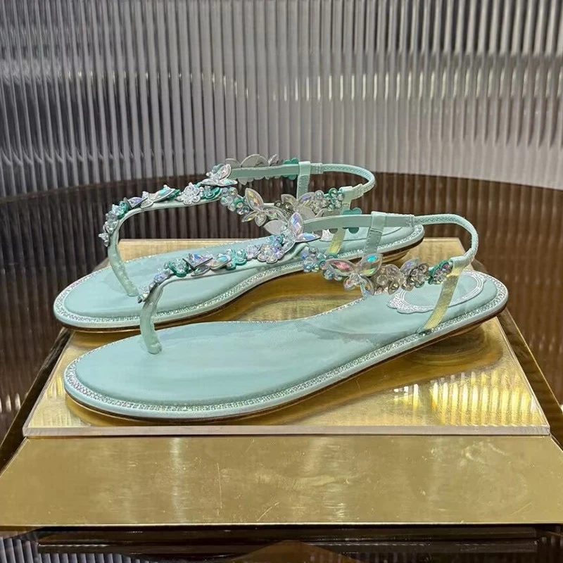 Bling Rhinestone Flower Flat Bottom Sandals Summer Spite Toe Ankle Strap Gladiator Sandalias Women Outdoor Vacation Fairy Shoes