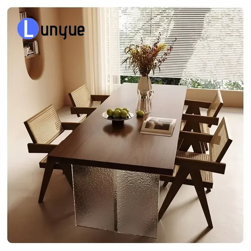 Mid Century Modern Rectangle Teak Solid Wood Dining Table and Chair Set Waterproof Durable Furniture for Hotel Villa