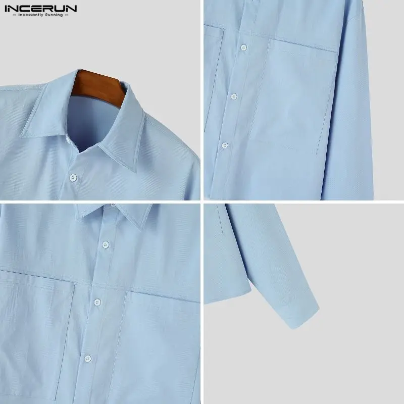 INCERUN Men's Shirt Solid Color Lapel Long Sleeve Korean Style Casual Men Clothes Streetwear Loose Fashion Casual Tops For Man 5
