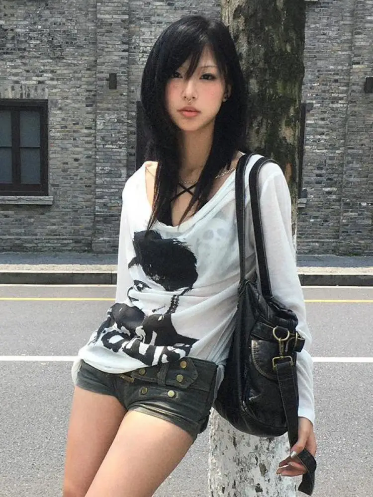 Tawaaiw Loose Y2k Graphic T Shirts Print Tops 2000s Oversized T-shirt High Street Grunge Lazy Style Streetwear American Retro