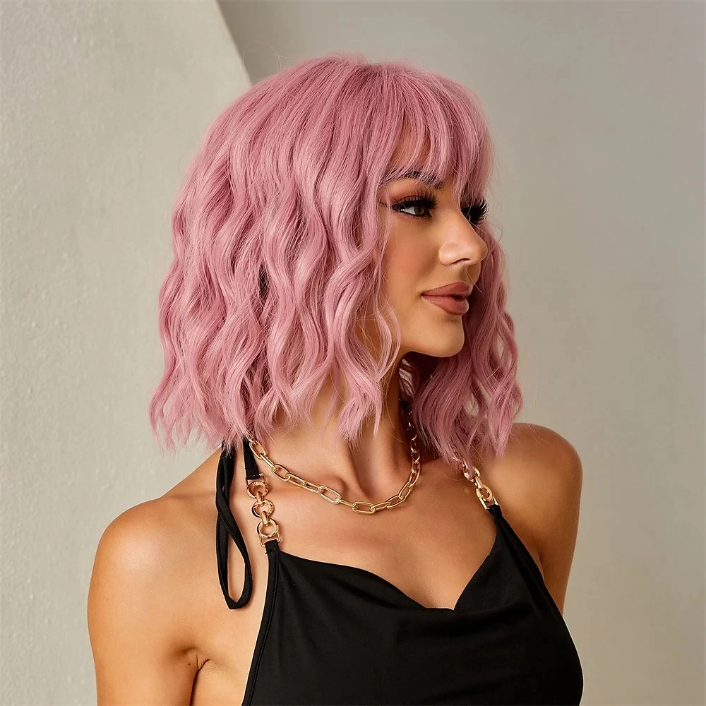 Pink BOB Costume Wigs Short Natural Wave Hair Synthetic Wig For Women Party Daily High Density Heat Resistant Hair Wigs