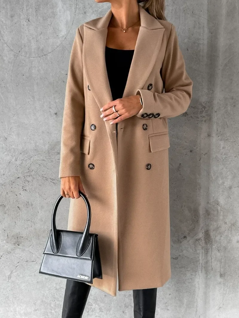 Autumn &winter Fashion Simple Long Sleeved Double Breasted Coat for Women Warm Commuting Windproof Coat Casual Simple