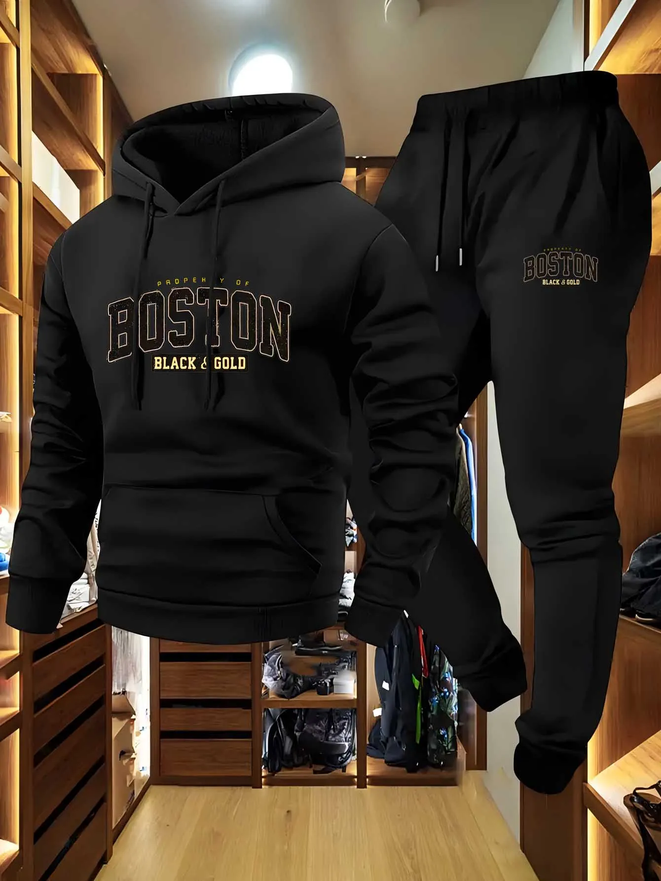 2-Piece Men's Casual Hooded Sweatshirt and Sweatpants Set - Los Angeles Letter Print Men's Outdoor Sports Set with Hooded Long S