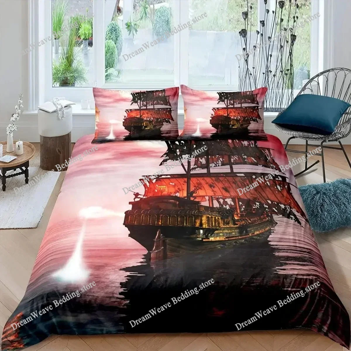Pirate Sailboat Duvet Cover Nautical Ocean Theme Boys Teen Bedding Cool Style Adult Bedding Set Wave Pattern Printed Room Decor9