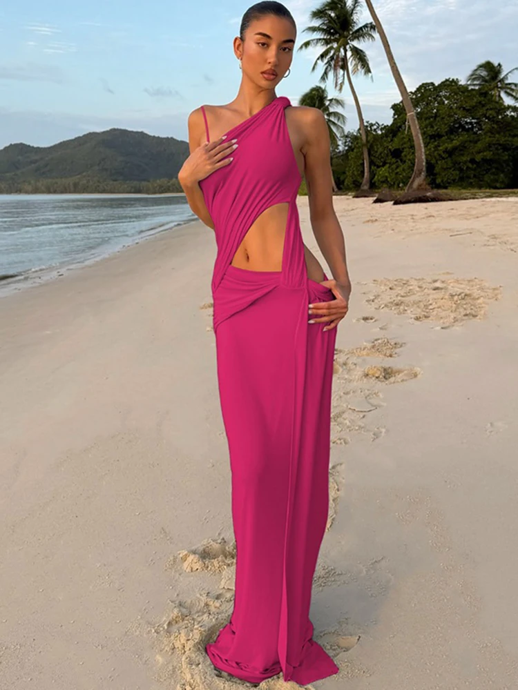 Oniflyme Sexy Hollow Out Mouwloze Maxi Jurk Vrouwen Elegante Geneigd Schouder Backless Ruches Bodycon Gewaad Party Vrouwelijke Vestido