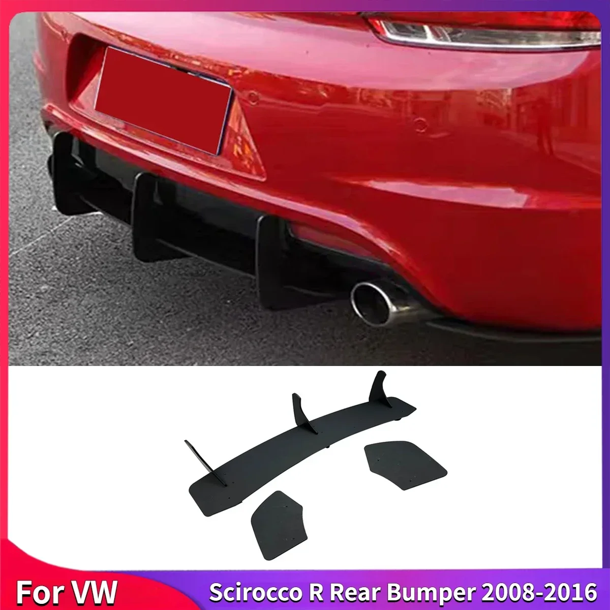 Für VW Scirocco R 2008-2016 Auto Heckstoßstange Diffusor Auspuffhalterung 3 Flossen Boot Splitter Schutz Spoiler Platte Lip Auto Teile