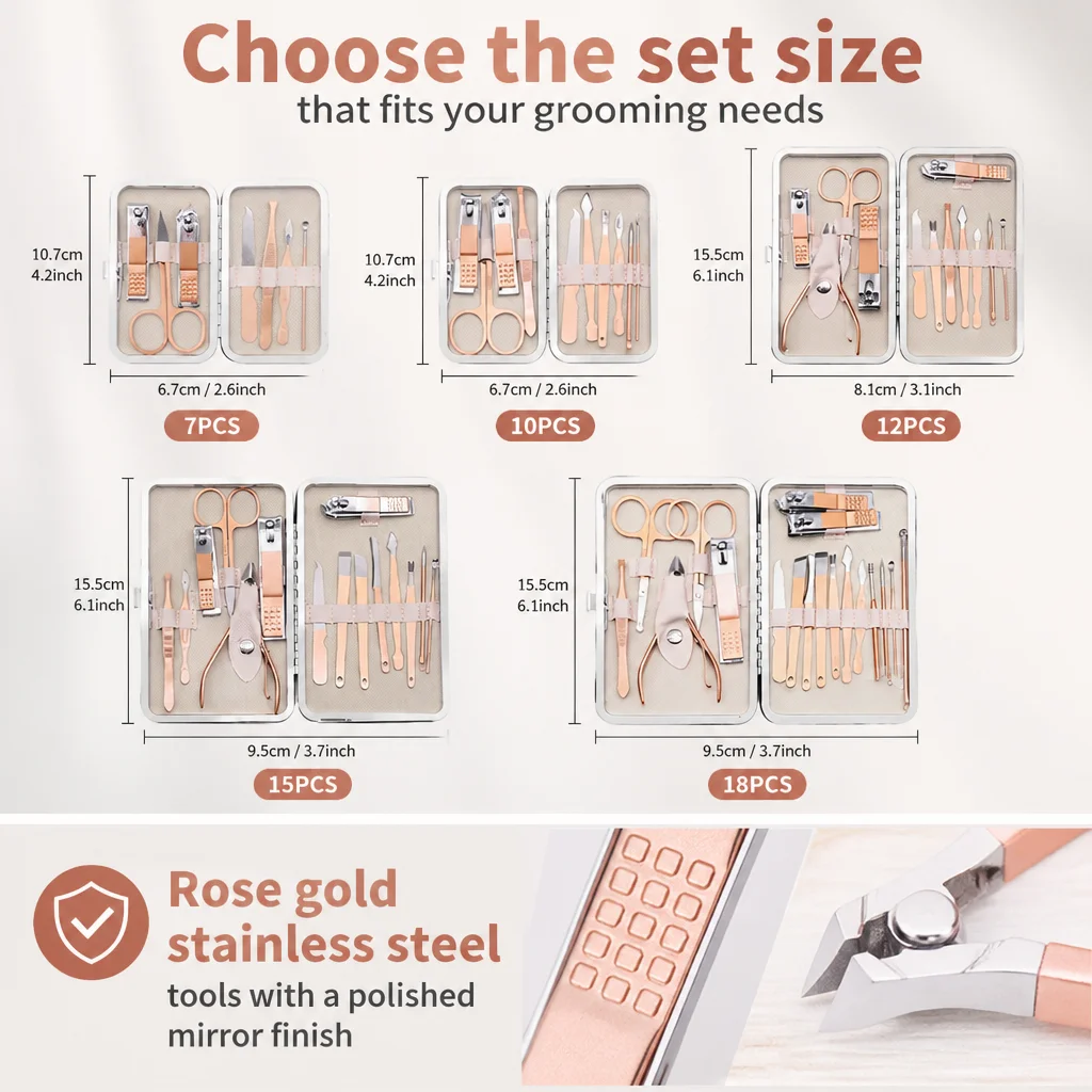 Manicure Pedicure Set Nail Clippers Kit Rose Gold Stainless Steel Cuticle Tools 7 10 12 15 18PCS Leather Case Travel Gift