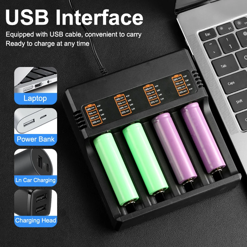 18650 Battery Charger USB-A 1/2/4 Slots Intelligent Lithium Battery Charger 3.7v4.2v 26650 21700 Fast Charging For 18650 18500