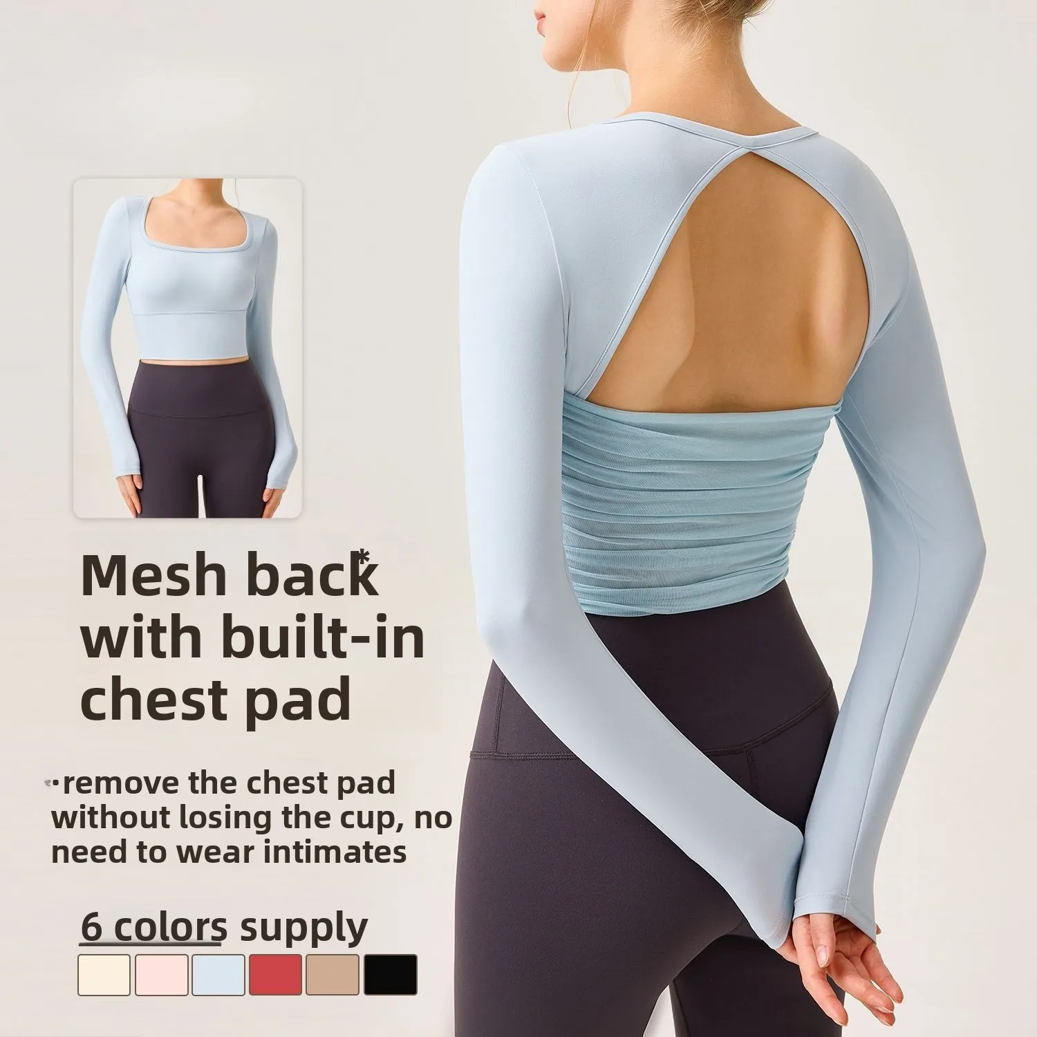 

New Fixed Cup Sports Long Sleeve Women's Mesh Sexy Hollow Back Cycling Professional Pilates Fitness Top