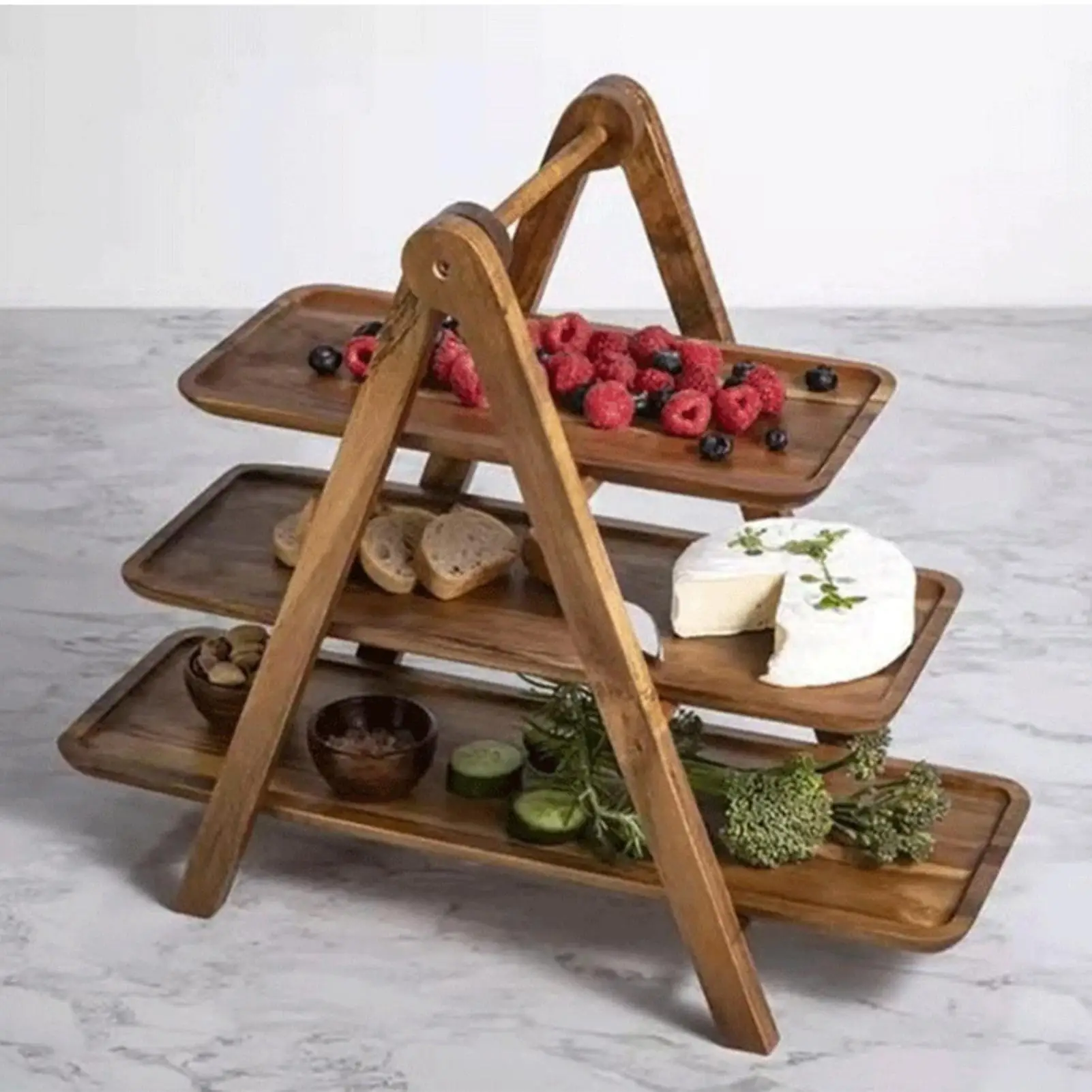 Mehrstöckiges Rechteckiges Abnehmbares Serviertablett aus Holz für Partys, Obst, Dessert, Kuchen, Snacks, Gebäck, Hochzeiten und Bars