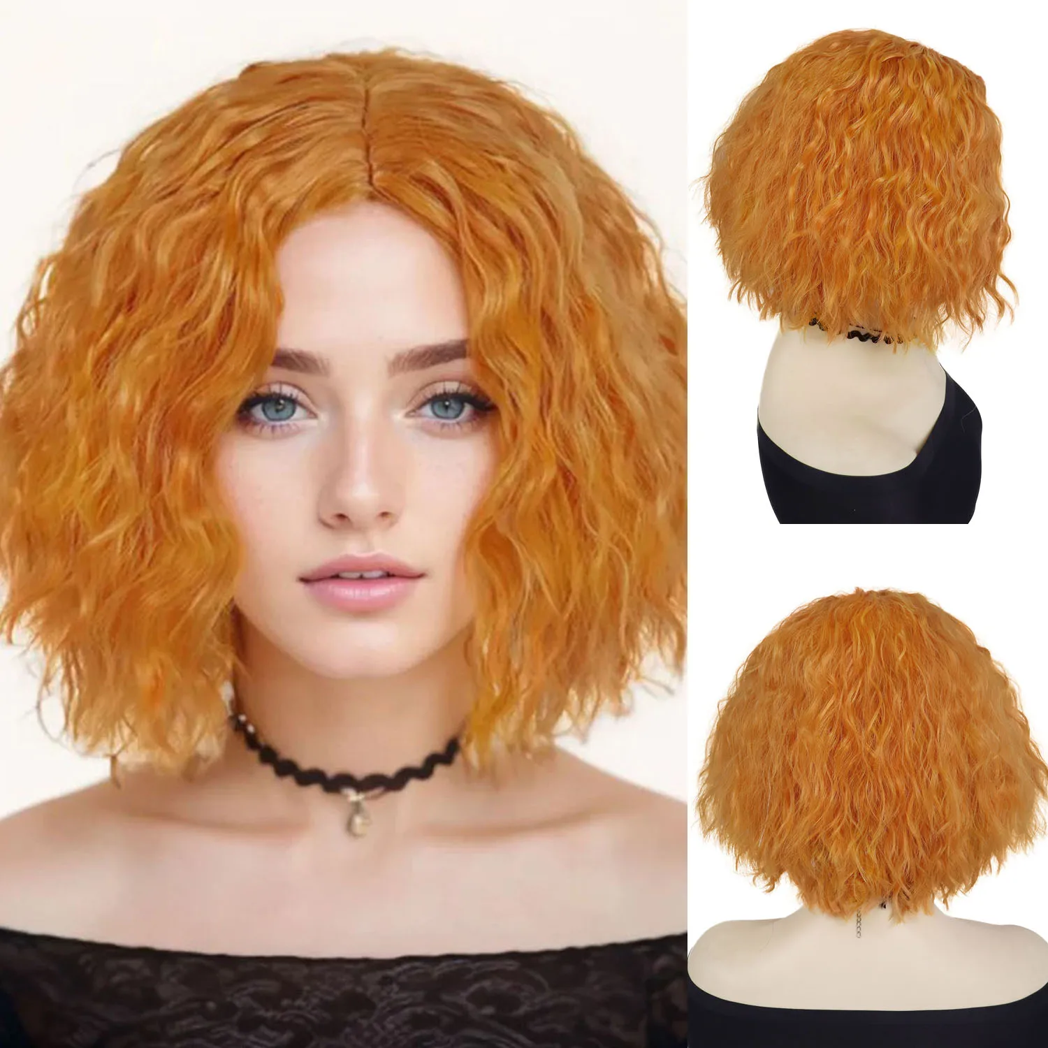 Synthetic Hair Orange Short Messy Curly Wigs for Women Men Unisex Cosplay Anime Clown Costume Wig Halloween Party Heat Resistant