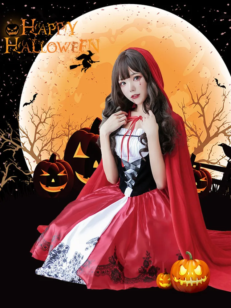 Fantasia de halloween para mulheres adultas, chapeuzinho vermelho, performance, bruxa, príncipes, saia, furador, dramatização, roupa de palco