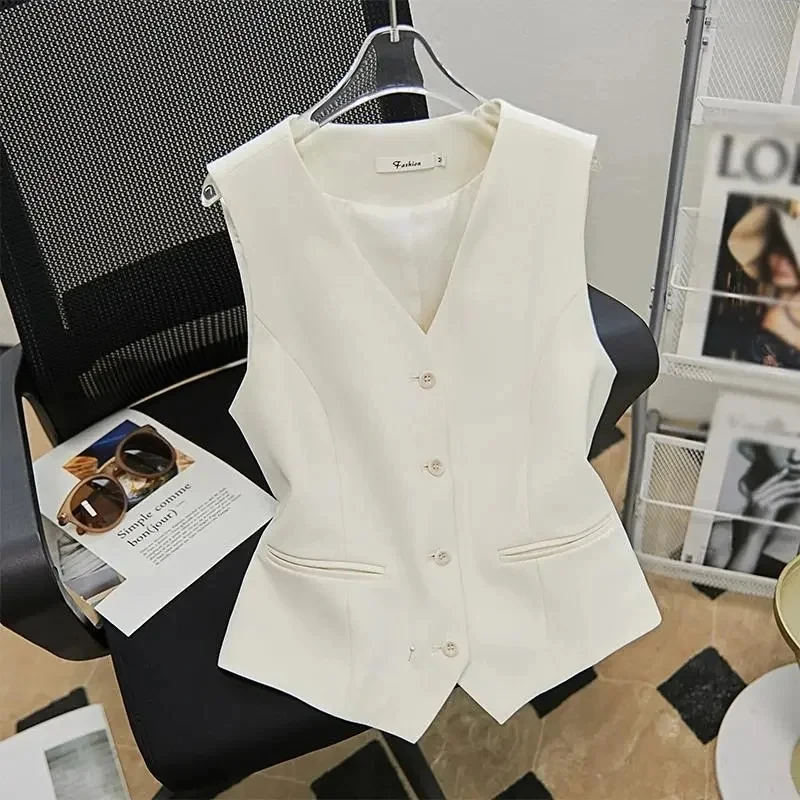 

Vintage Fashion Button Front V-neck Vest Casual Solid Color Sleeveless Suit Vests Commuter Elegant Women's Simple Chic Cardigan