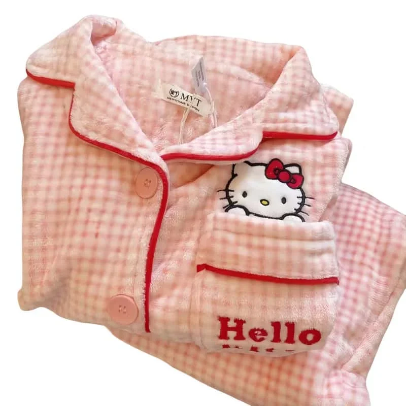 Cartoon animation peripheral Hello Kitty kawaii coral velvet pajamas plus velvet to keep warm and can be worn as home clothes