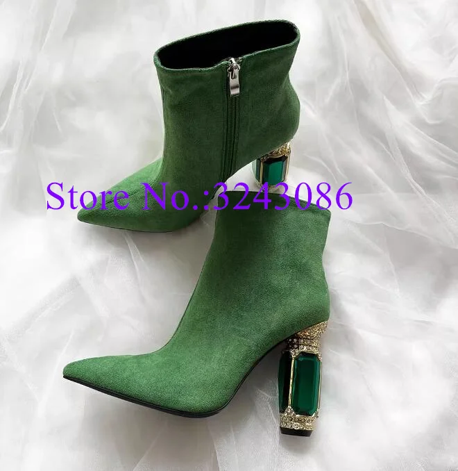 Green Suede Green Crystal Chunky Heel Lady Ankle Boots Sexy 10cm Gemstone Embellished Heels Woman Short Boots