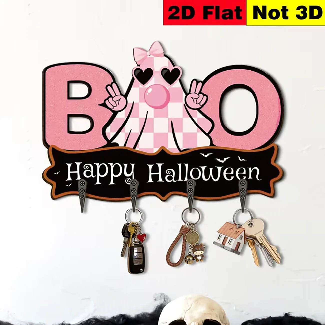 Wooden Pink Boo Ghost Halloween Key Holder Wall Decor 2D Flat Print Wall Mount Key Rack for Entryway Home Decoration