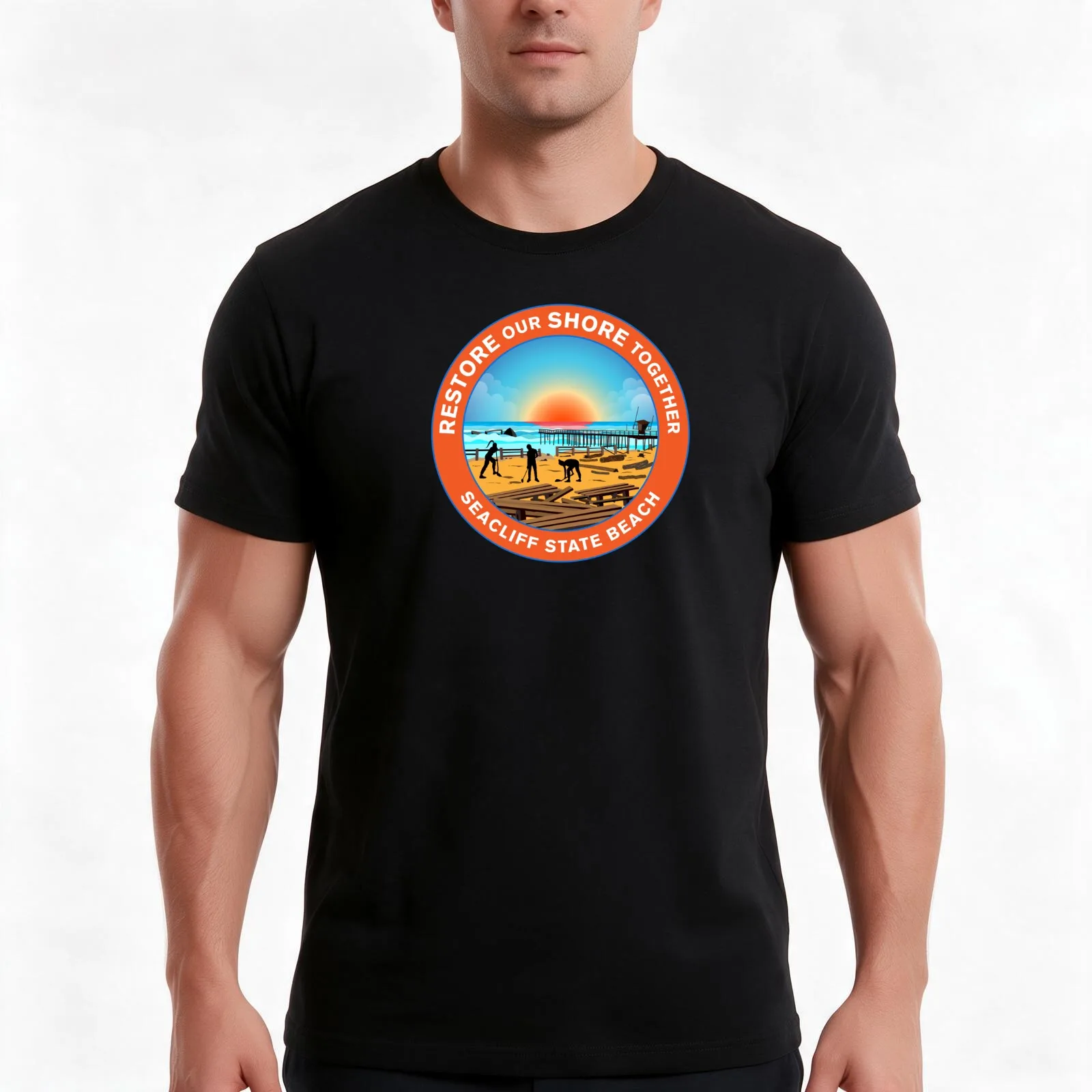Restore Our Shore Together Seacliff State Beach California Black T-Shirt, Summer Casual Cotton Tee, Oversized Streetwear Tops