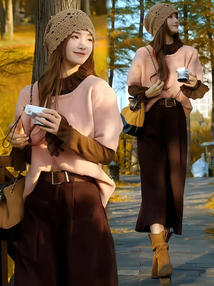 

Модный вязаный топ, брюки на семь футов, комплект из футболки, женский зимний повседневный свободный комплект для одежды, теплый комплект Thiened Full-F...