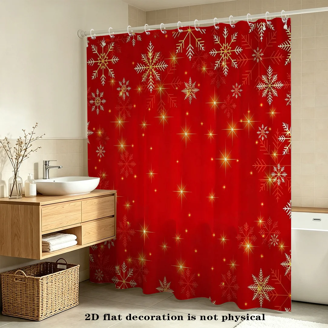2D Flat, 2D Flat, 2D Flat Shower Curtain 1pc Festive Christmas Pattern Curtain, Joyful Warm Holiday Style, Polyester Fabric, with Hook, Machine Washable, Easy to Hang, Suitable for Home And B&B Bathroom Partitions, Home Decor