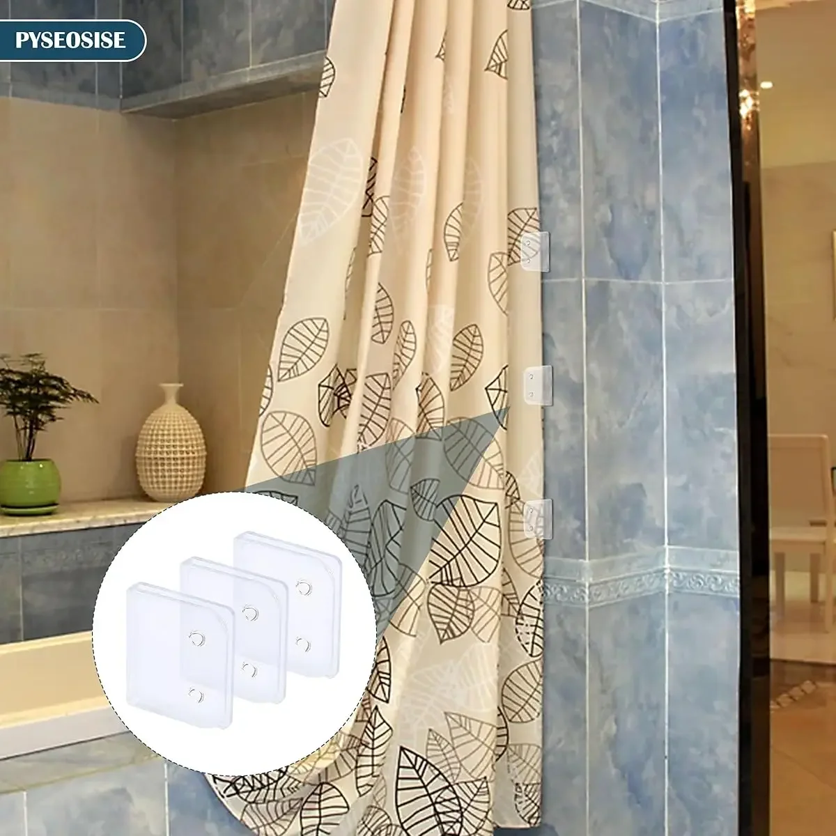 Bathroom Shower Curtain Hook - Self-adhesive shower curtain hook with splash guard, can be installed without drilling,